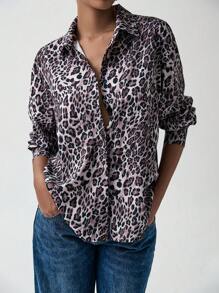 Chiquease Turndown Collar Drop Shoulder Leopard Print, Open Front Loose Casual Fashion Blouse For Women, Animal Print Shirt Fall Cloth For Women