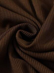 2pcs Set Teen Girl Ribbed Knit Basic Top And Plaid Print Pants, Fall/Winter Lounge Pajama Set - Brown - View 3