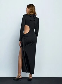 Maija Women's Sexy Black Solid Stand Collar Backless Slit Maxi Knitted Dress For Autumn