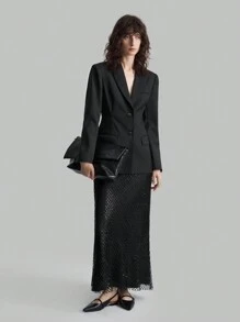 Ontre Nuova collezione primavera 2025 per donna, giacca di tailleur a forma di campana con vita modellata, tinta unita, con risvolto, manica lunga, vestibilità slim, abbigliamento da lavoro per ufficio e professioniste urbane - nero - Visualizzare 1