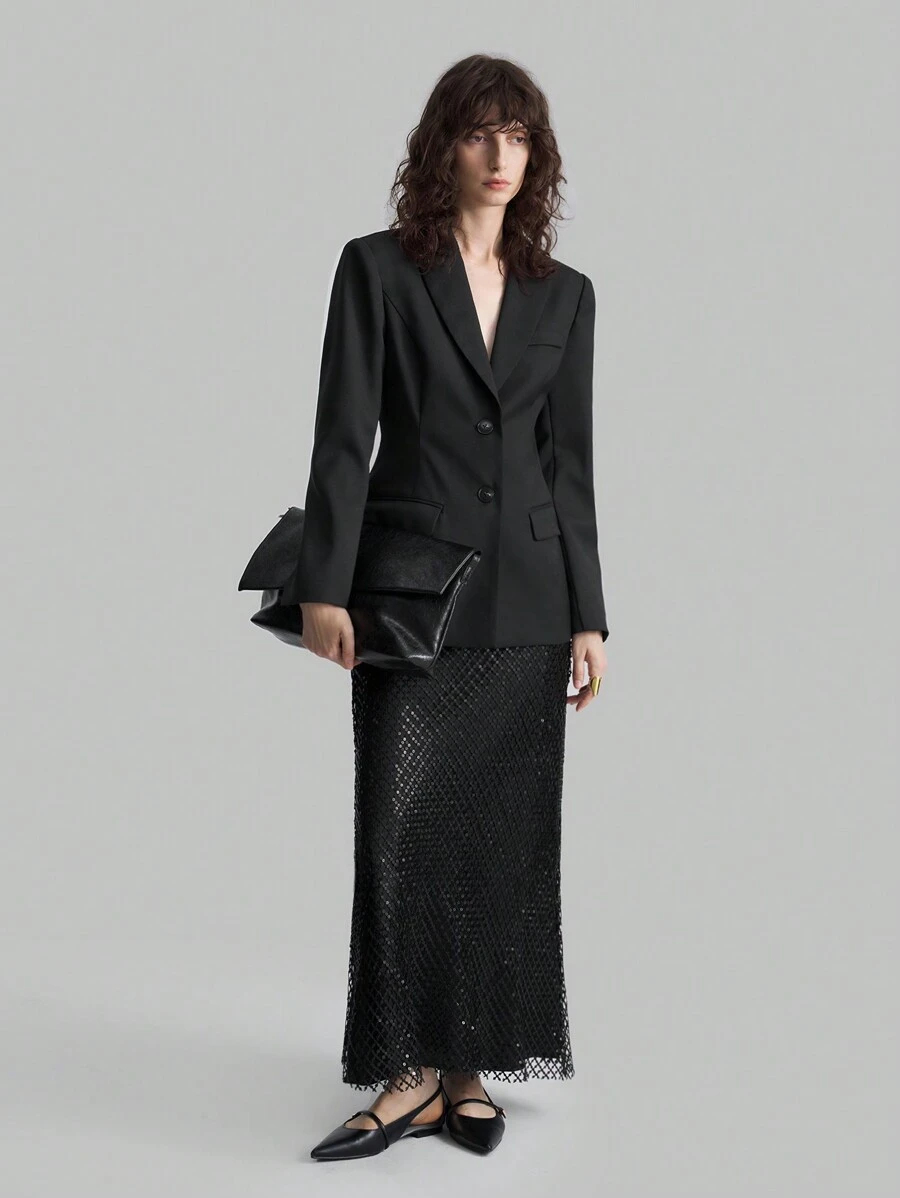 Ontre Nuova collezione primavera 2025 per donna, giacca di tailleur a forma di campana con vita modellata, tinta unita, con risvolto, manica lunga, vestibilità slim, abbigliamento da lavoro per ufficio e professioniste urbane - nero - Visualizzare 1
