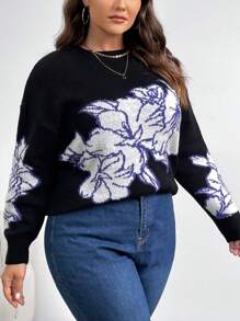 SHEIN Privé Plus Size Women's Contrast Color Floral Pattern Pullover Sweater For Autumn/Winter - Multicolor - View 3