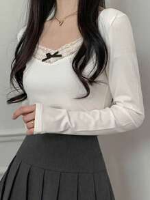 DAZY 女式撞色蕾丝蝴蝶结装饰打底 T 恤，白色，春夏秋季长袖女上衣，秋季女装 - 白色 - 查看 9