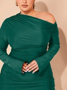 SHEIN BAE Đầm ôm sát tay dài cổ bất đối xứng cỡ lớn cho nữ - Màu xanh lá cây đậm - Xem 6