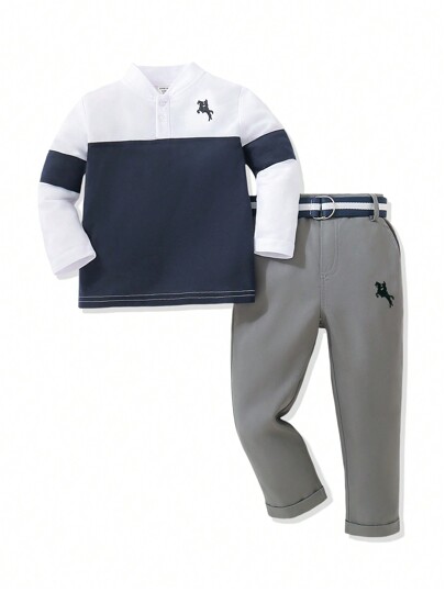 SHEIN 2pcs Young Boy Casual Color Block Knight Embroidery Long Sleeve Top And Pants Set, Autumn