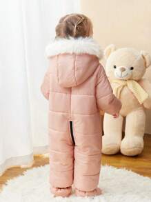 SHEIN Bộ đồ liền thân có mũ trùm đầu cho bé gái, bộ đồ liền thân dài tay màu hồng lót giữ nhiệt in chữ, thích hợp cho hoạt động ngoài trời, trượt tuyết và các dịp khác - Hồng - Xem 2