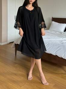 DAZY Loose Fit Long Sleeve Mesh Contrast Mid-Length Nightgown - Black - View 3