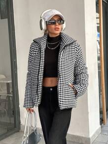 EURMUSE Fashionable Houndstooth Pattern Zip Up Padded Coat - Multicolor - View 6