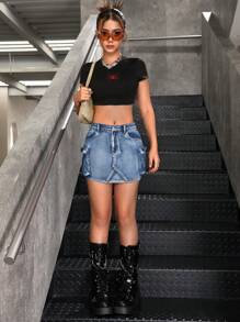 SHEIN Stylish Blue Denim Elastic Mini Skirt For Teen Girls