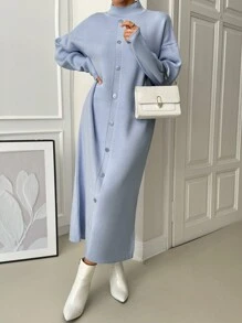 EURMUSE Đầm Maxi Cổ Lọt Khe Vai Thả Quá Khổ Thanh Lịch Có Nút - Màu xanh nhạt - Xem 3