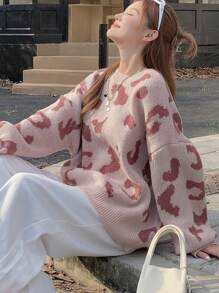 DAZY Suéter de punto con cuello redondo y estampado de leopardo, de corte holgado para mujer, ropa de mujer para otoño