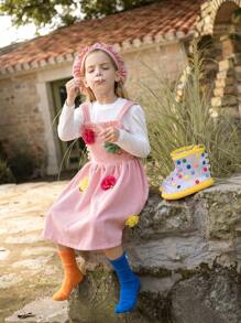 SHEIN 3pcs/Set Young Girls Textured Long Sleeve T-Shirt, Floral Jumper Dress With Suspender And Hat - Pink - View 6
