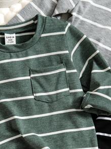 SHEIN Vintaside Kids 3 件装男婴休闲经典条纹柔软针织长袖百搭圆领上衣，适合外出、家居服和分层穿着，秋冬季 - 彩色 - 查看 6