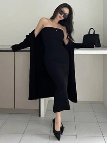 DAZY 2pcs/Set Women Solid Color Tube Dress And Long Sleeve Cardigan Sweater Fall - Black - View 7