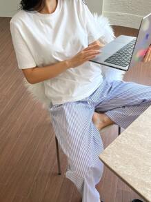 DAZY 简约 T 恤和条纹裤睡衣两件套休闲套装