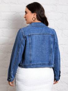EMERY ROSE 大码前扣长袖口袋简约休闲牛仔夹克 - 中等水洗藍 - 查看 2