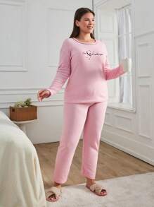 RueChic 100% Cotton 2Pcs Plus Size Injection Slogan Printed With Contrast Stitching Detail PJ Set - Pink - View 3