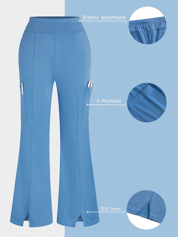 TaskEZ Women's Solid Color Elastic Waistband Sports Casual Flared Scrub Trousers, 6 Pockets, Strong Functionality