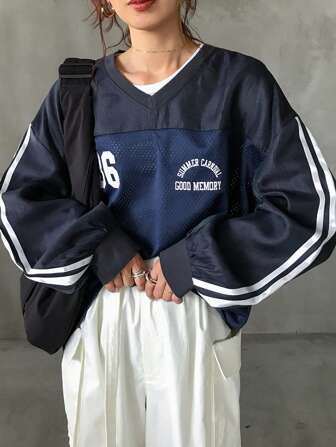 FRIFUL Damska koszulka wiosenno-jesienna z długim rękawem w paski i dekoltem w serek, luźna, swobodna, patchworkowa, z nadrukami