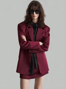 Ontre Bộ đồ vest nữ 2 món, áo khoác Angora dáng rộng màu đỏ và chân váy midi, trang phục công sở thanh lịch - Gỗ đỏ - Xem 3