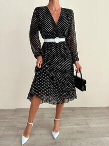 EURMUSE Váy midi xếp ly chi tiết chấm bi cotton, tay áo dài, thắt lưng tương phản - màu đen - Xem 4