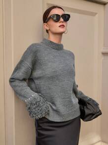 SHEIN Cottnline Fashionable Ringlet Beaded Sweater For Autumn - Grey - View 1