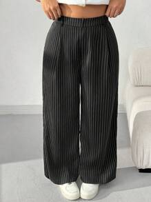 SHEIN EZwear Plus Size Black Striped Retro Loose Pants - Black - View 3