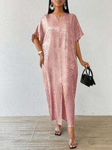 SHEIN Lady Vestido de satén y jacquard con abertura frontal para mujer, casual, elegante y apropiado para fiestas, invitada de boda, vestido de graduación o cena - Rosa - Ver 6