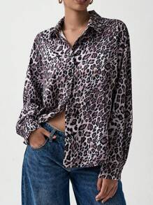 Chiquease Turndown Collar Drop Shoulder Leopard Print, Open Front Loose Casual Fashion Blouse For Women, Animal Print Shirt Fall Cloth For Women