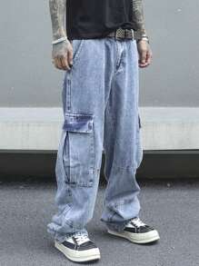 PAVTROS Quần Jeans Cargo Túi Nắp Rộng Cho Nam - Rửa nhẹ - Xem 4