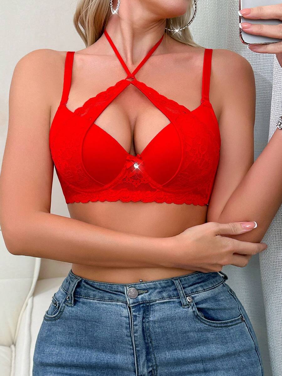 1 件装 蕾丝拼布带钢圈性感浪漫聚拢文胸 女士 - 紅色 - 查看 1