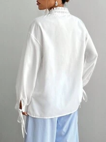 SHEIN Unity 女士纯色褶皱落肩长袖宽松休闲衬衫，春夏 - 白色 - 查看 2