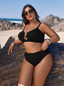 SHEIN Swim Curve 大码时尚特殊面料补充两件套比基尼泳装套装夏季 - 黑色 - 查看 4