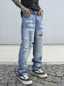 Manfinity Hypemode Men's Casual Distressed Washed Baggy Denim Jeans