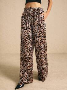 Poéselle Pantalones casuales de mujer con estampado de leopardo y anudado delantero, pantalones palazzo