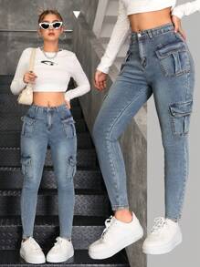 SHEIN Teen Girl's Casual Stretch Jeans, Blue Washed Jeans - Medium Wash - View 1