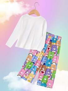 SHEIN X Care Bears Young Girl Colorful Sweet Stack Bear Print Loose Fit Flame Retardant Sleepwear Pajama Set, Including Long Sleeve Top And Pants
