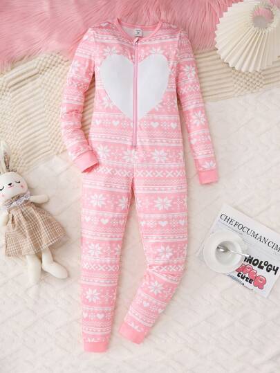 青少年女孩舒适温暖粉色印花连体裤可爱心形刺绣正面睡衣家居休闲服圣诞节