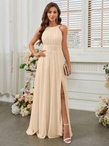 SHEIN Belle 露背高开叉腰伴娘礼服（成人）、婚礼礼服、优雅礼服 - 杏色 - 查看 4