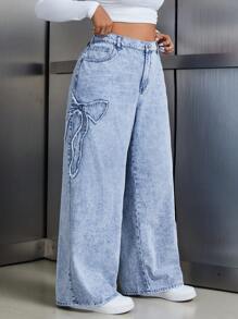 SHEIN ICON 大码休闲水洗蝴蝶结磨边阔腿牛仔裤 - 淺色水洗藍 - 查看 4