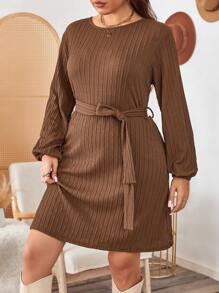 SHEIN LUNE Vestido corto casual de mujer talla grande de unicolor, cuello redondo, mangas farol, para primavera y otoño. Vestido de mujer de negocios casuales, vestido de negocios, atuendo de Acción de Gracias, atuendo festivo, vestido para fiesta festiva Plus