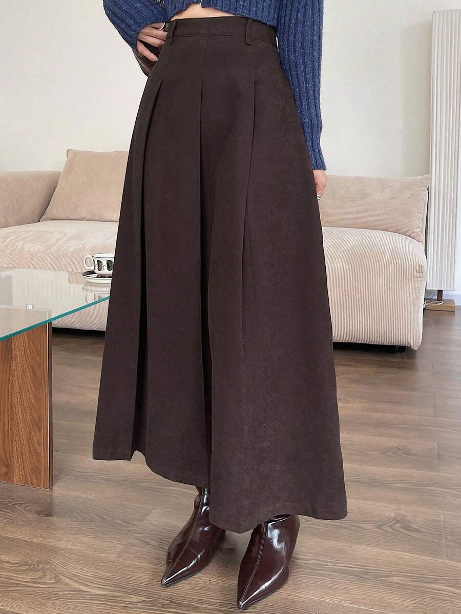 DAZY Chân váy chữ A xếp ly tối giản màu trơn dành cho nữ, thích hợp mặc hàng ngày vào mùa thu và mùa đông. - Cà phê nâu - Xem 1