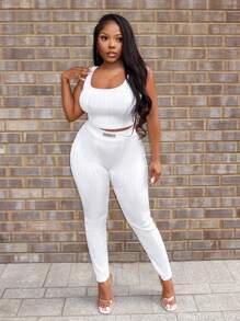 Slaydiva Bộ 2 quần áo thể thao mùa hè đơn giản, giản dị không tay cổ tròn cho nữ & quần bó ống côn co giãn cao cấp bó sát - trắng - Xem 1