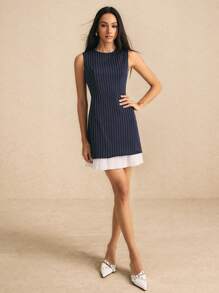 Poéselle Women's Navy Striped Contrast Hem Dress Work Dress
