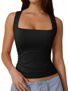 SHEIN SXY Summer;Casual Clothing Black Autumn Base Layer Solid Color Women's Tank Top