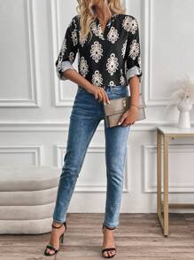 SHEIN LUNE European Style Floral Print Roll-Up Sleeve Casual Shirt, Autumn - Multicolor - View 6