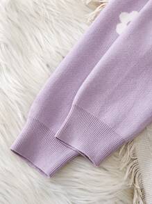 SHEIN Vintaside Kids 2 件套年轻女孩时尚休闲花卉印花开衫和阔腿裤套装，适合日常穿着，舒适柔软的材质，适合秋冬季 - 紫色 - 查看 5