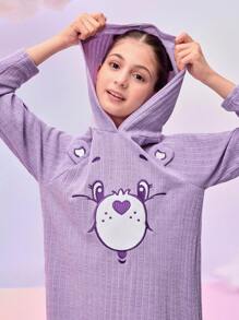 SHEIN X Care Bears Robe à capuche jolie avec impression d'ours de dessin animé et appliqué pour fille préadolescente, couleur violette - Parme - Voir 4