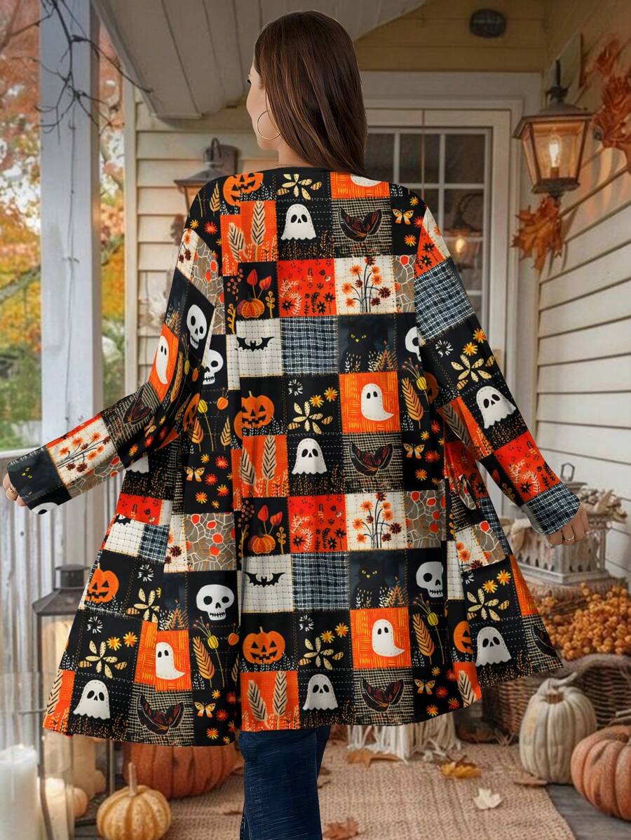 SHEIN LUNE Áo khoác dài tay hở phía trước họa tiết đầu lâu ma bí ngô Halloween cỡ lớn cho nữ có túi - Nhiều màu - Xem 1