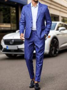 Manfinity Mode Men's Plaid Contrasting Textured Suit Two-Piece Suit, Notch Lapel Suit Jacket, Back Detail Split, Casual Suit Pants, Business Casual Autumn And Winter Suit - Navy Blue - View 5